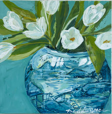  Blue and White with Tulips, 16 x 16