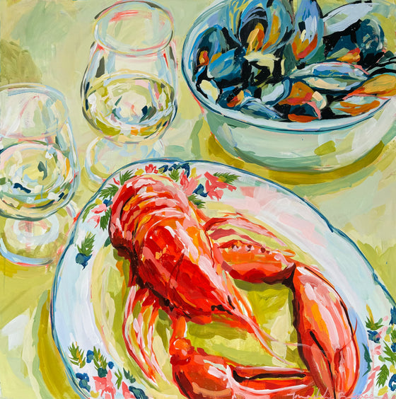 Lobster and Mussels on Yellow, 36x36"